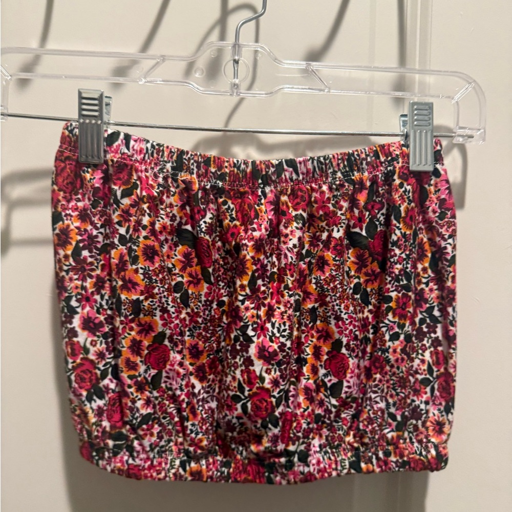 Topshop Floral Smocked Tube Top in Pink, Orange & Black